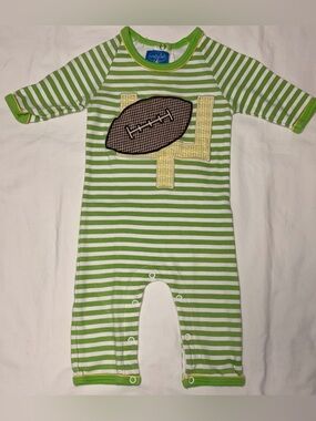 Mud Pie green stripe romper with football applique sz 0-6 months EUC